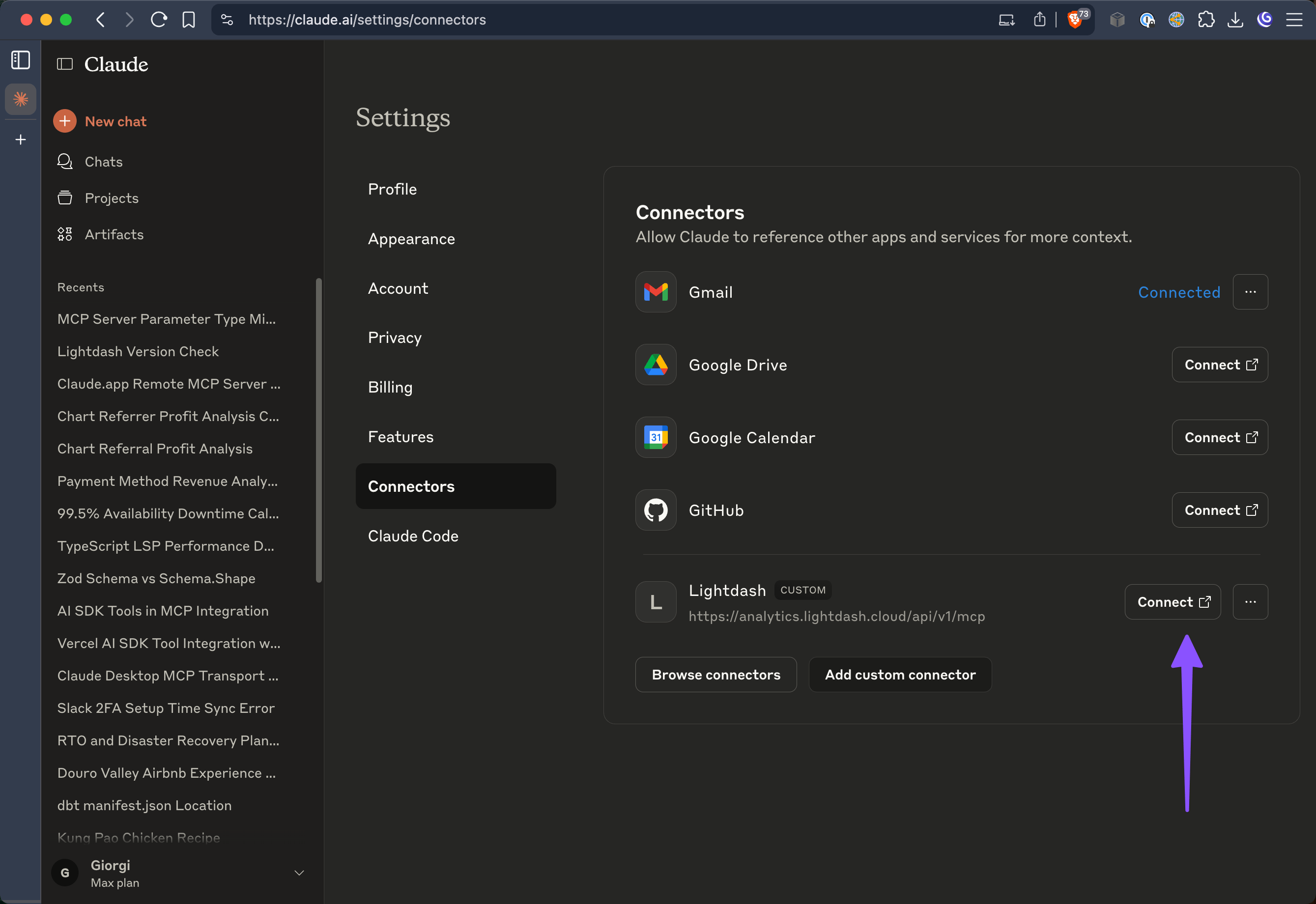 Click the Connect button to start OAuth authentication with Lightdash
