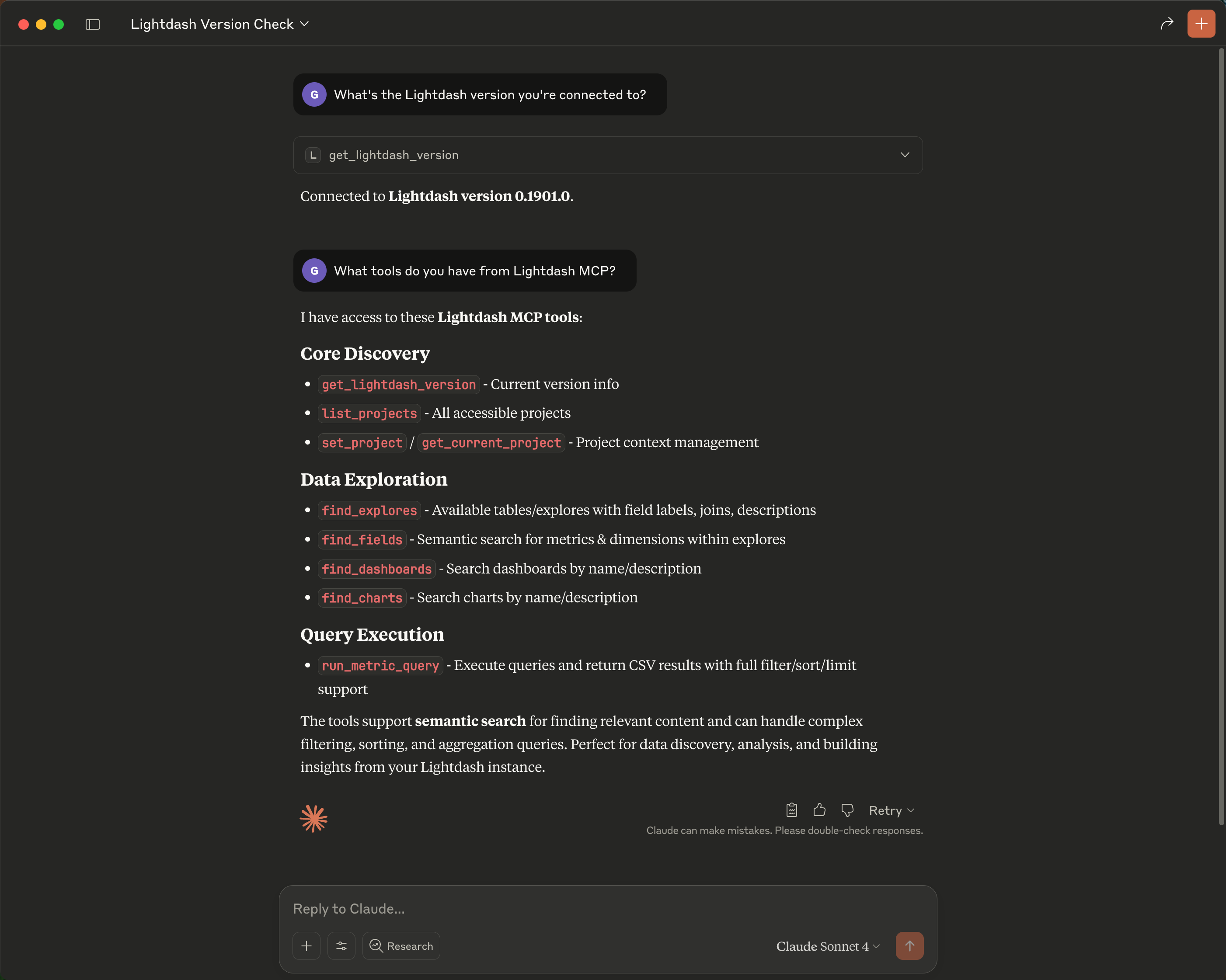 Verifying MCP connection and listing available tools