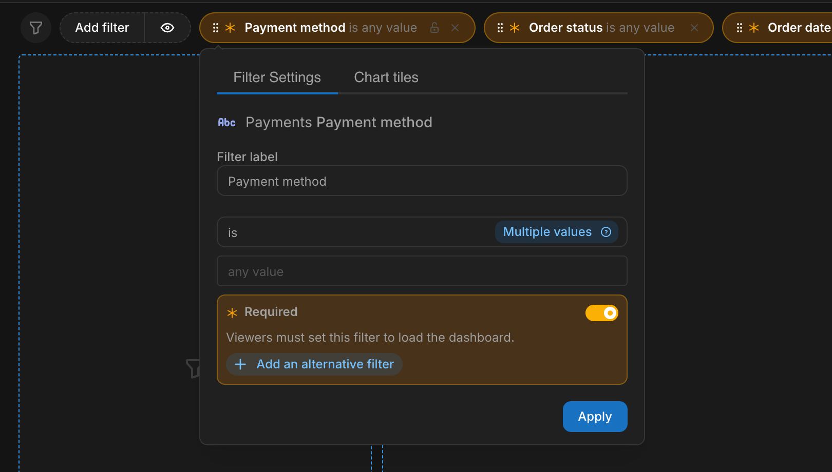 A dashboard filter popover in edit mode with the Required toggle switched on for the Payment method filter