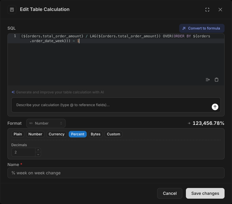 Add table calculation modal with SQL editor and inline format options