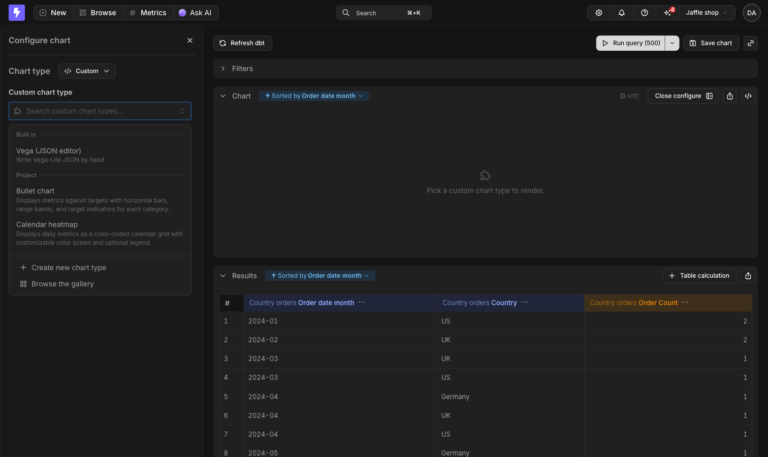 The Custom chart type picker open in the Explorer, listing the built-in Vega editor and the project's own chart types