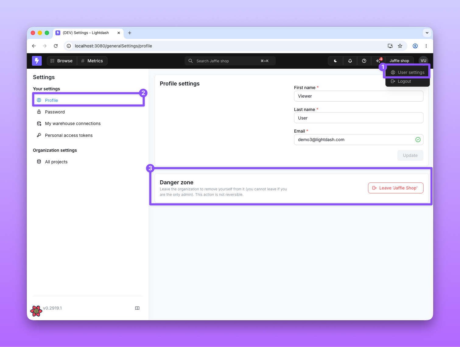 Leave organization flow: open the user menu, go to User settings, select the Profile tab, then click Leave in the Danger zone card.