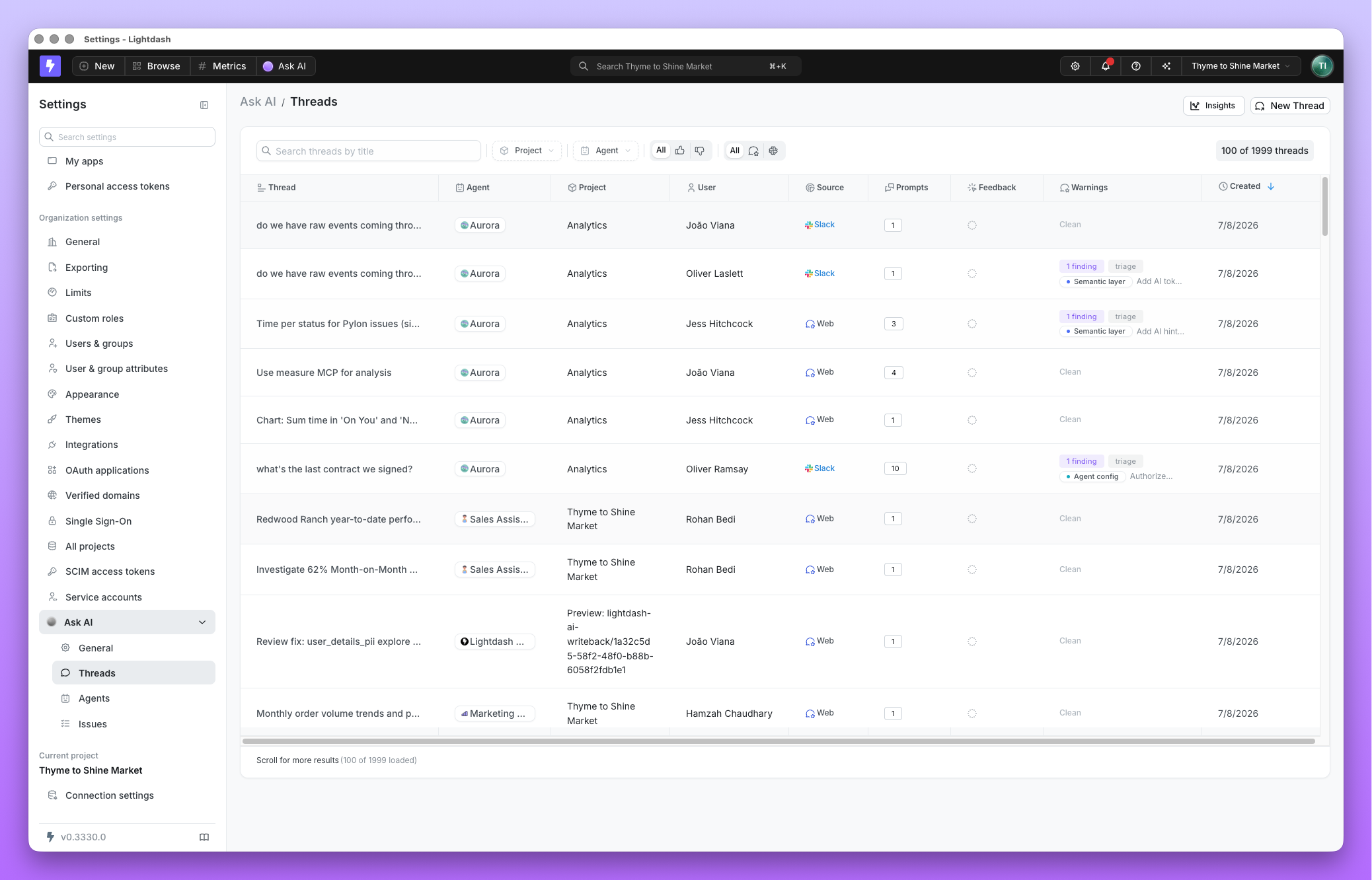 Threads tab in Ask AI settings showing a list of agent conversations across projects