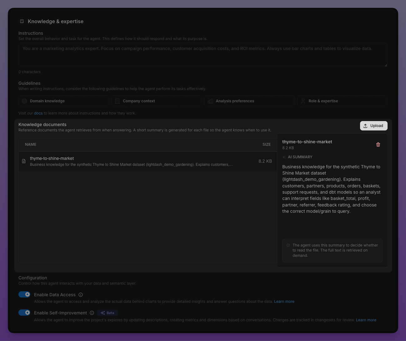 Knowledge documents section in agent settings