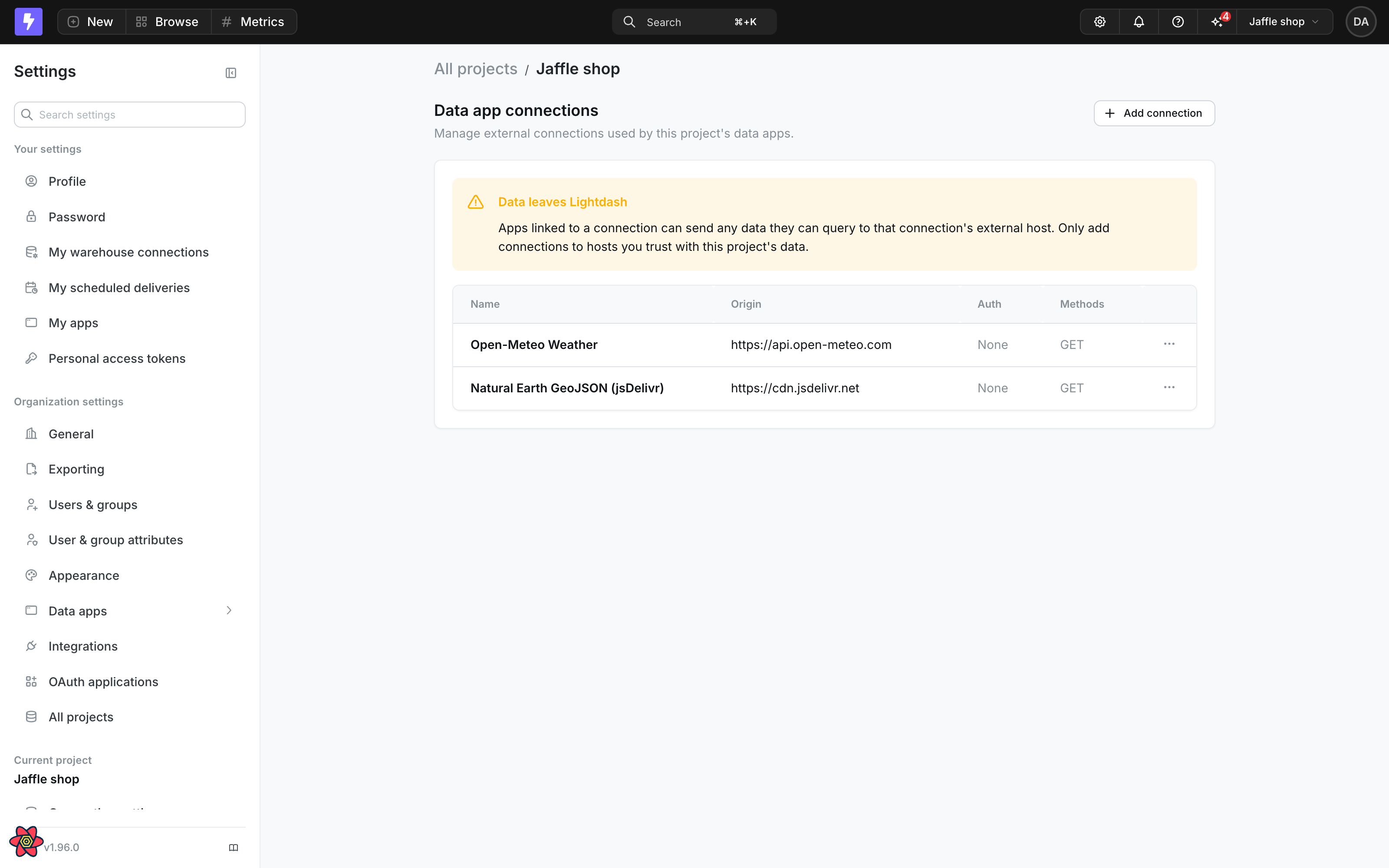 The Data app connections settings page with a GeoJSON connection configured