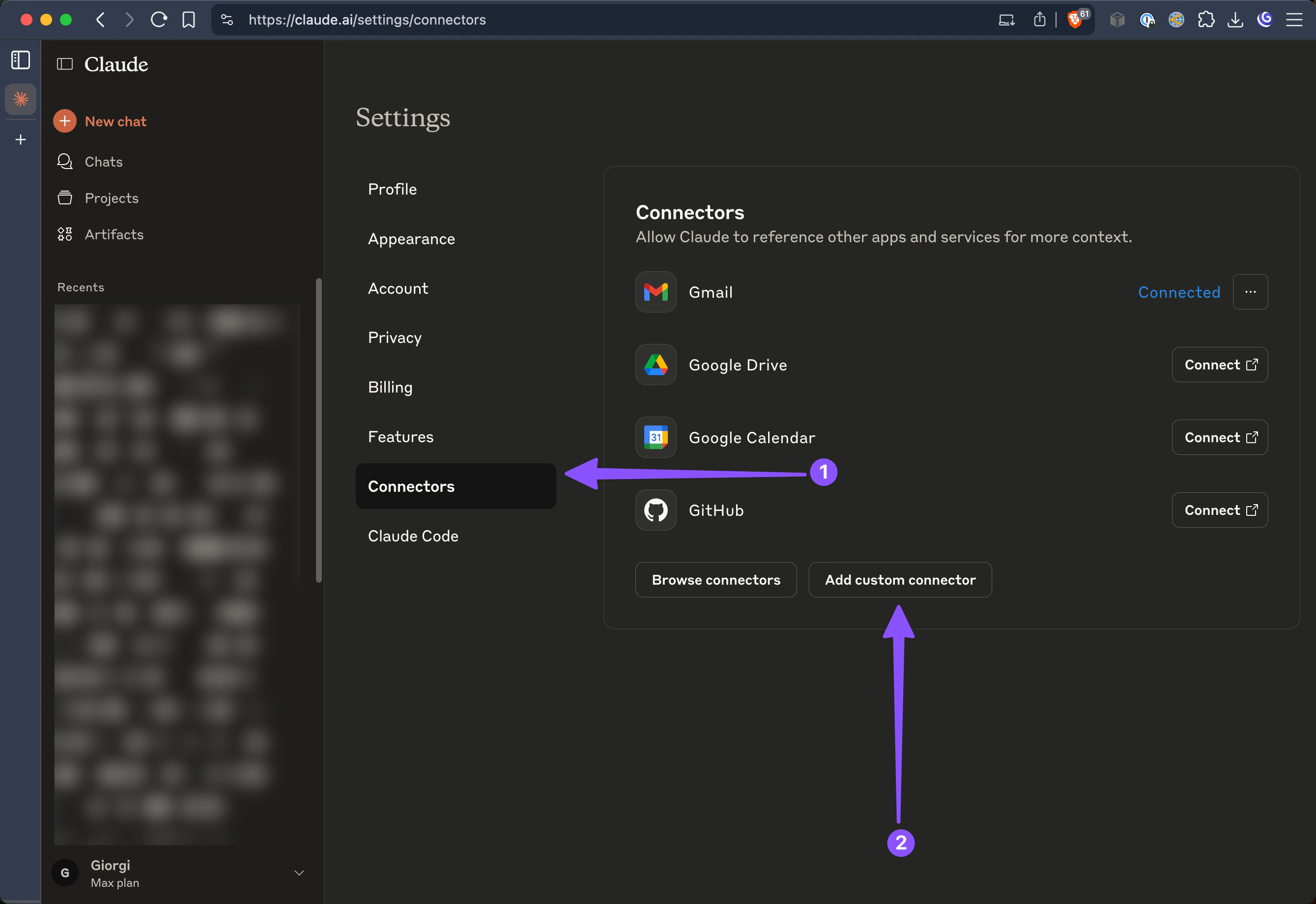Select Connectors from the sidebar menu, then click Add custom connector button