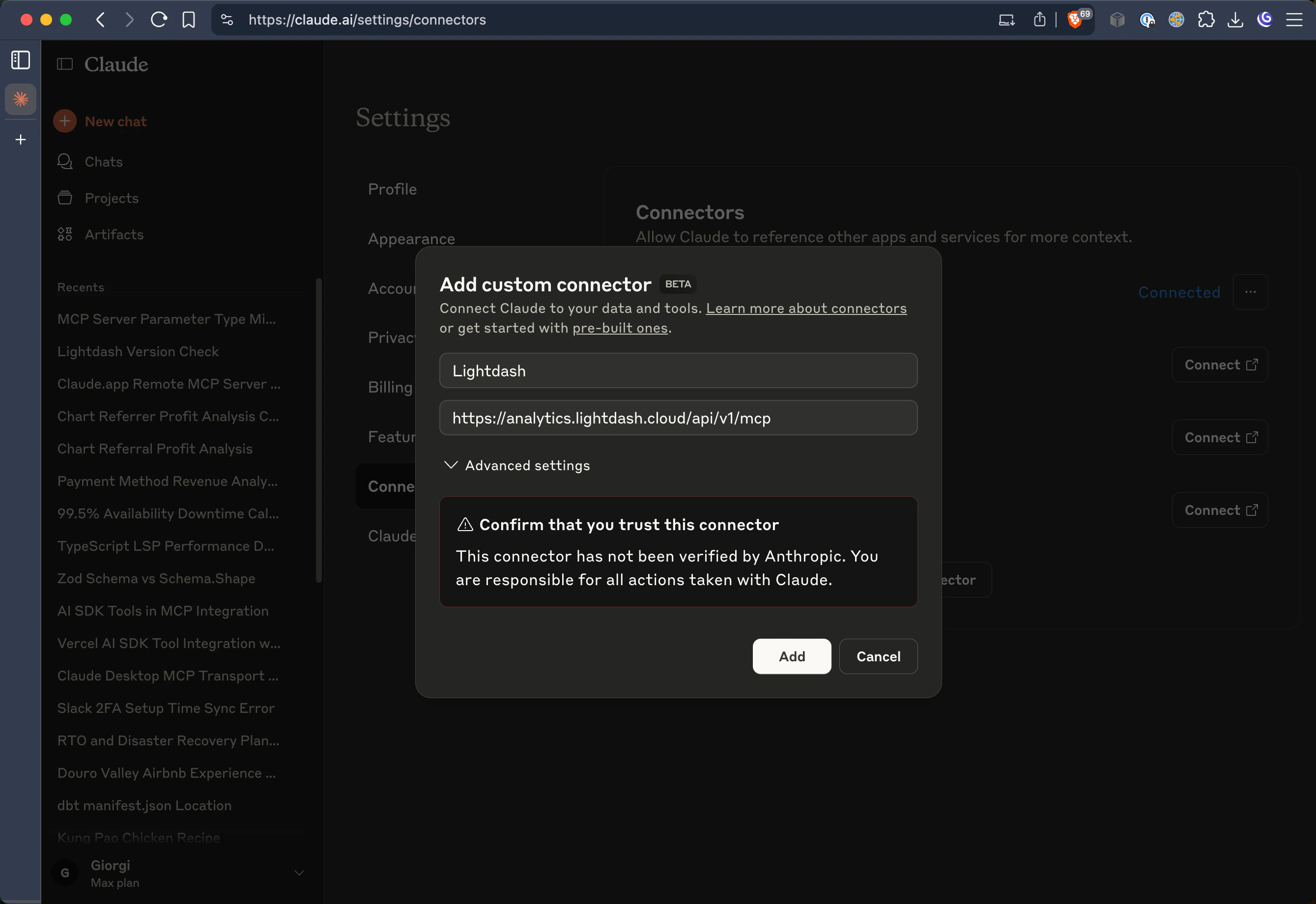Enter Lightdash as the name and your instance MCP URL in the configuration form
