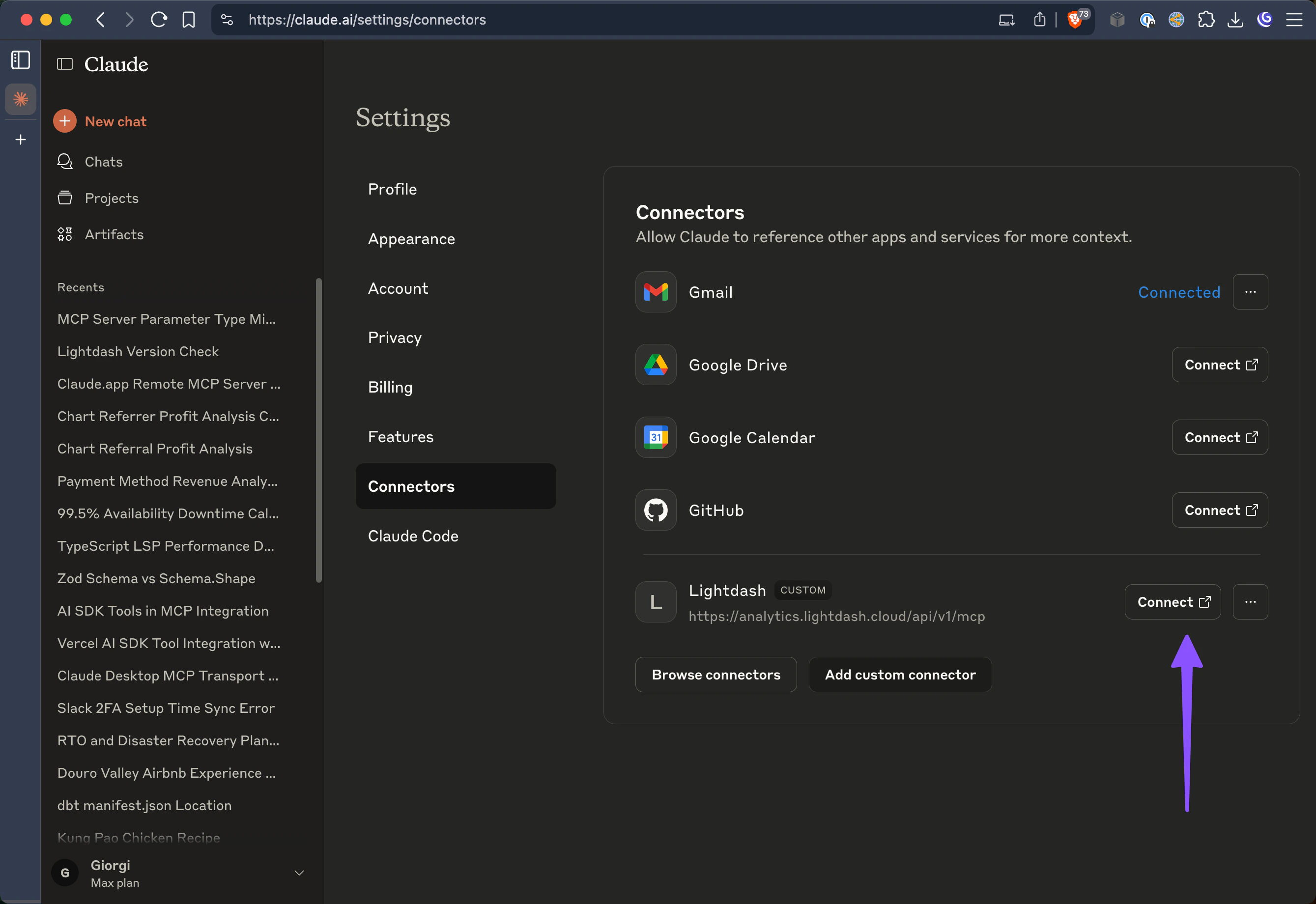 Click the Connect button to start OAuth authentication with Lightdash