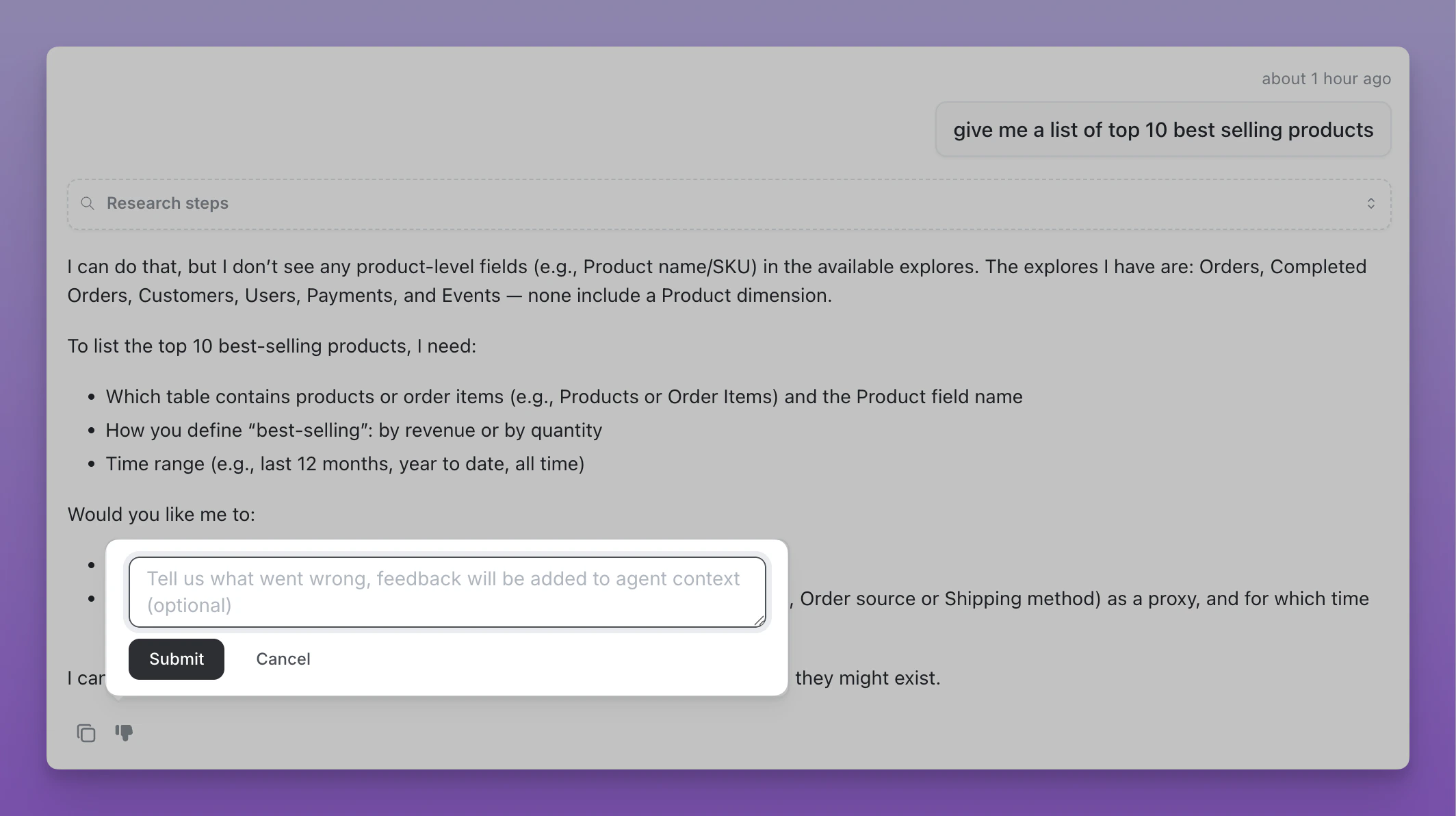 Feedback interface in Lightdash web application