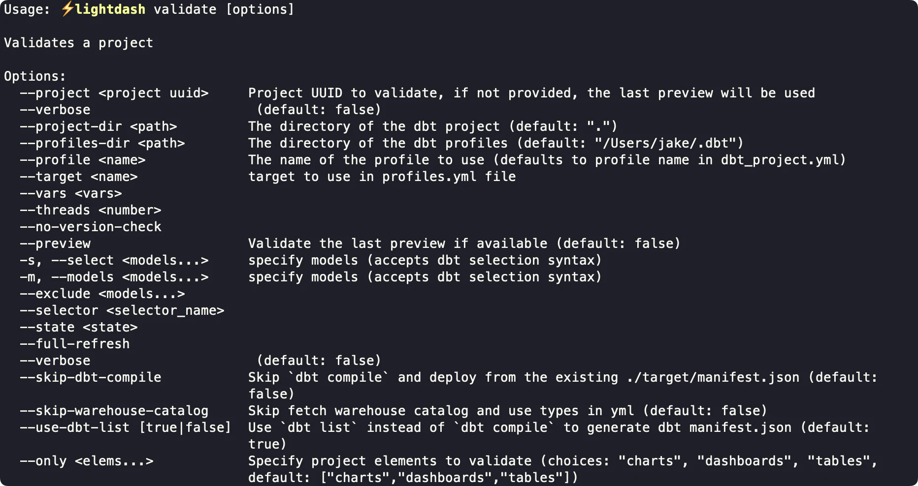 lightdash validate help CLI results