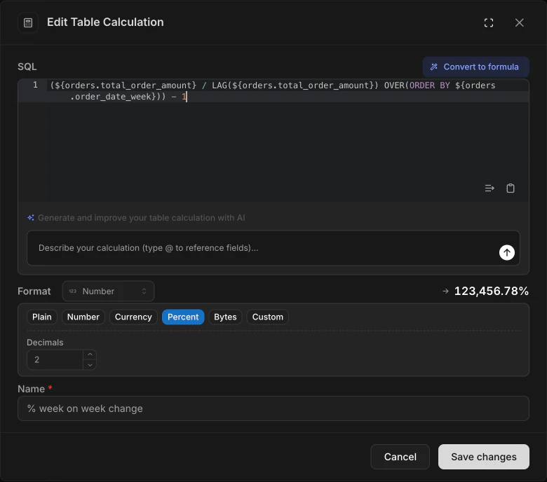 Add table calculation modal with SQL editor and inline format options