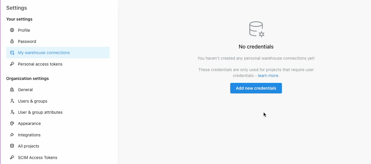 Personal warehouse credentials settings page