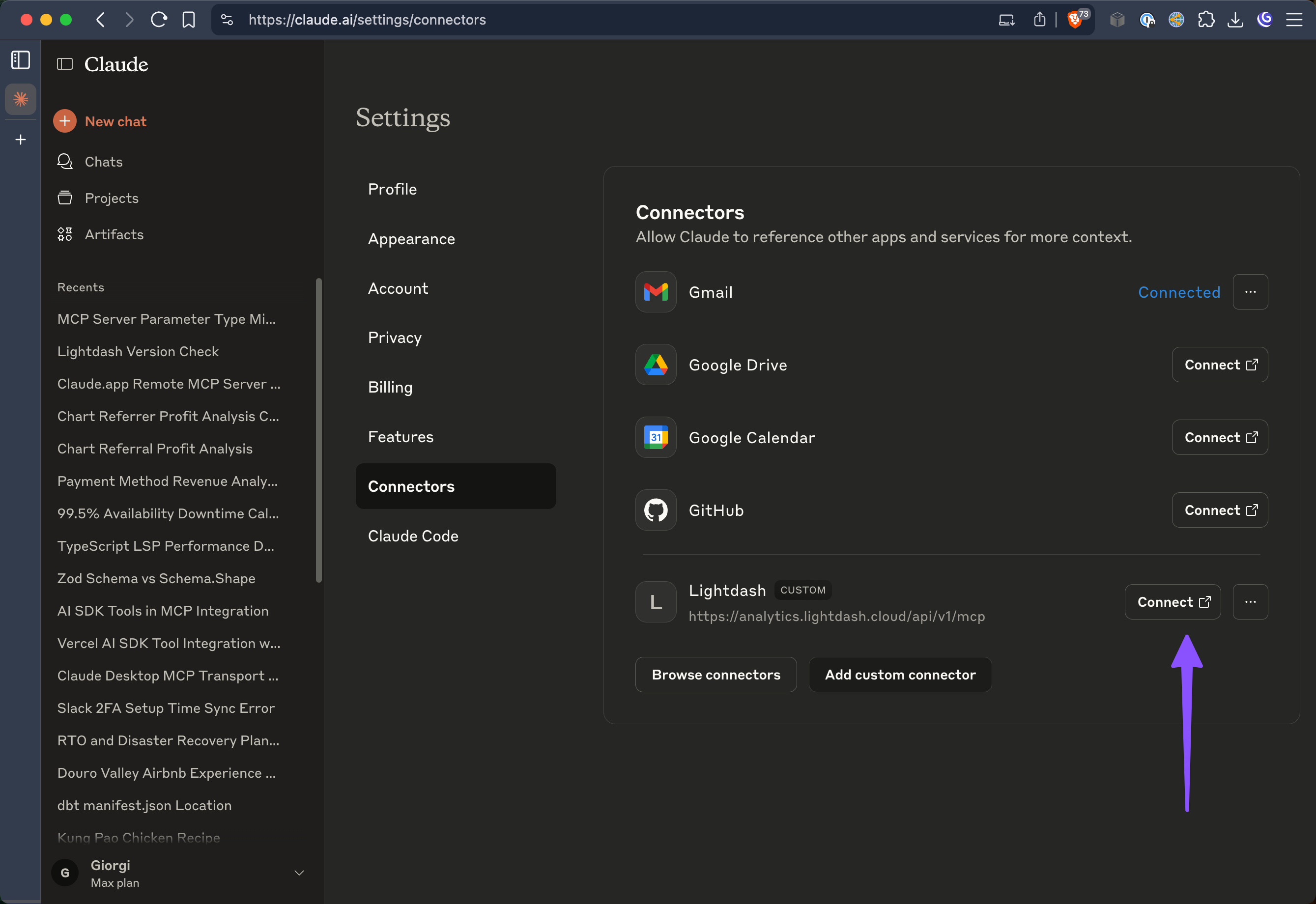 Click the Connect button to start OAuth authentication with Lightdash