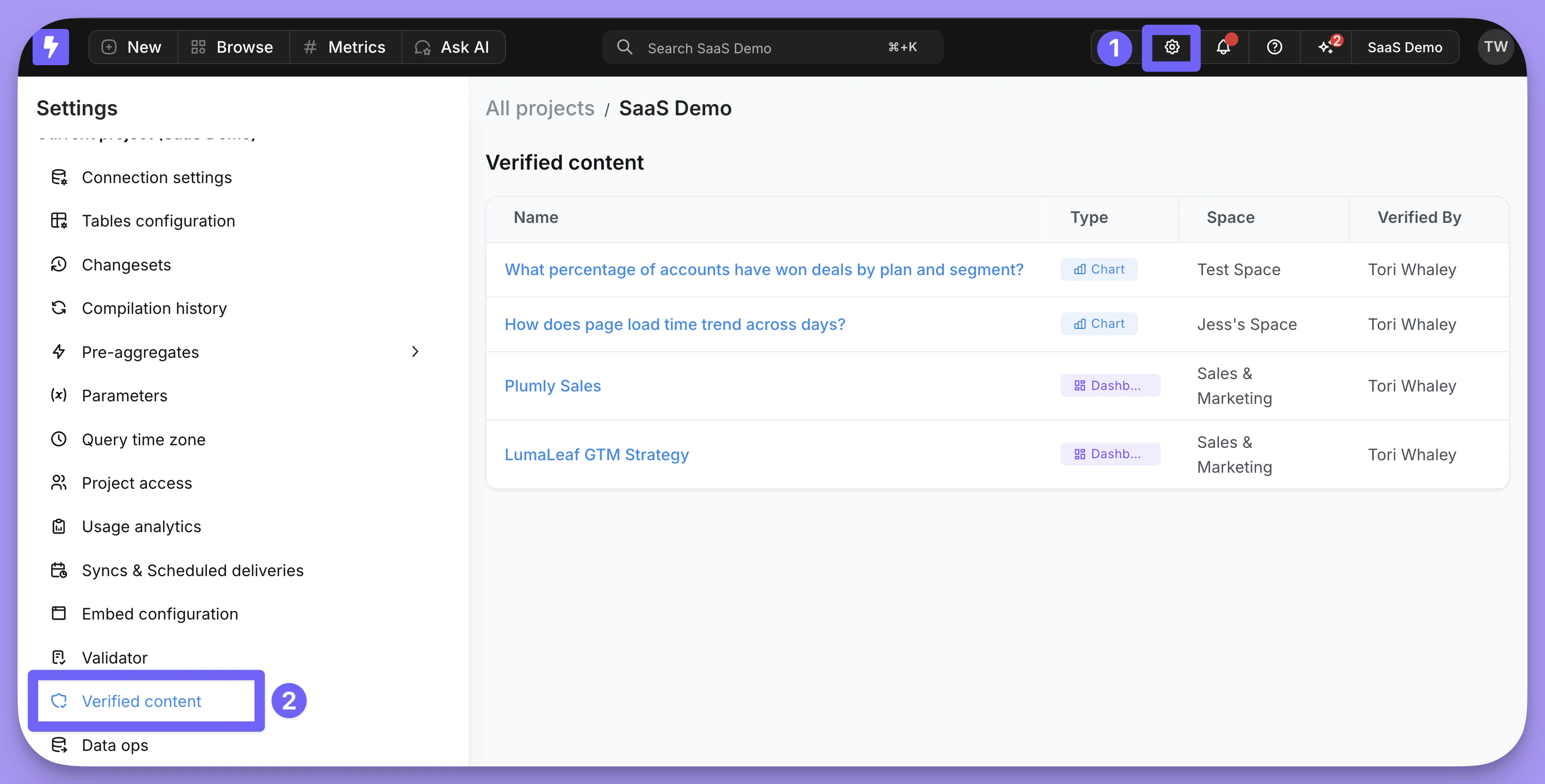 Verified content panel in project settings showing a list of verified charts and dashboards with their space and verifier