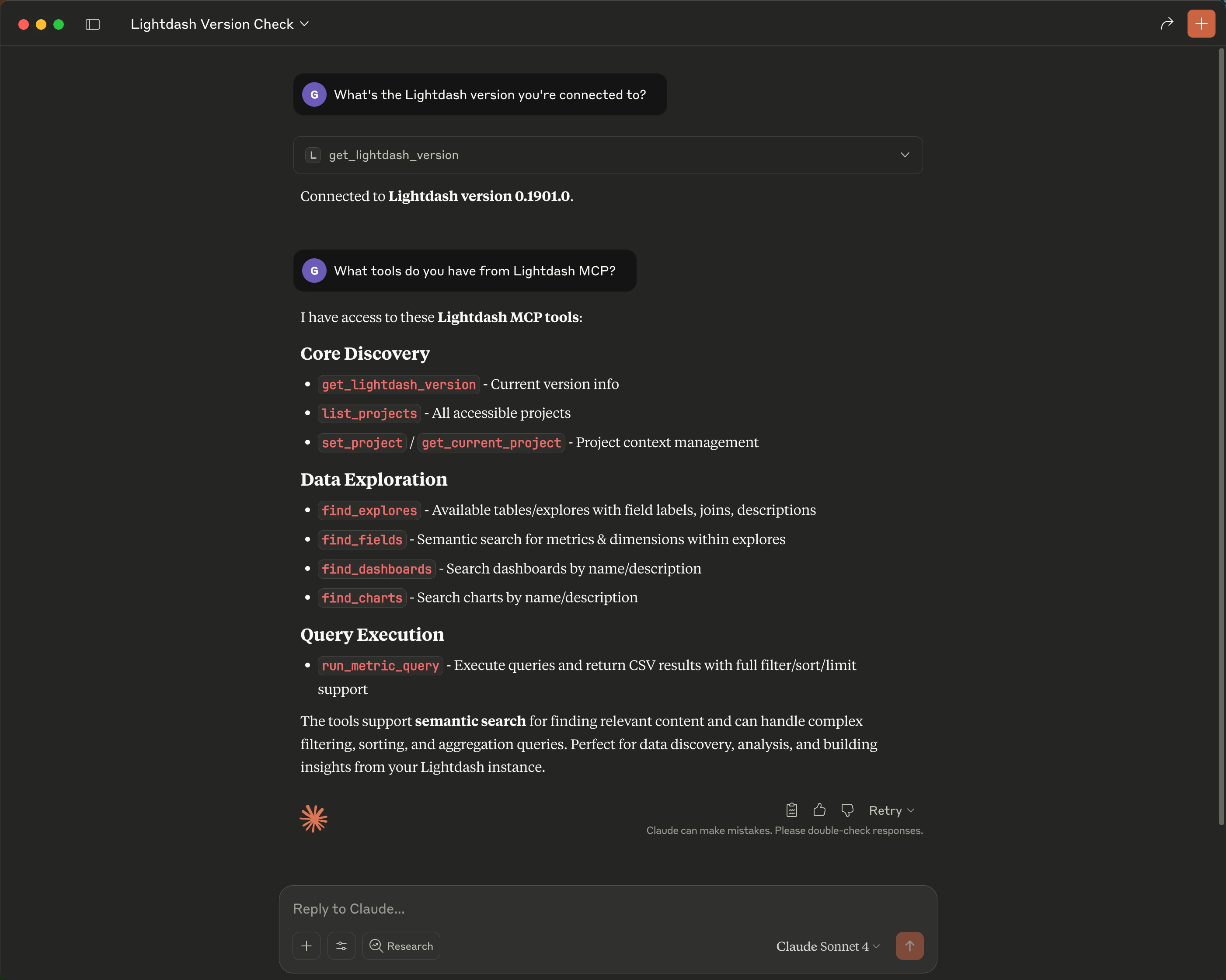 Verifying MCP connection and listing available tools