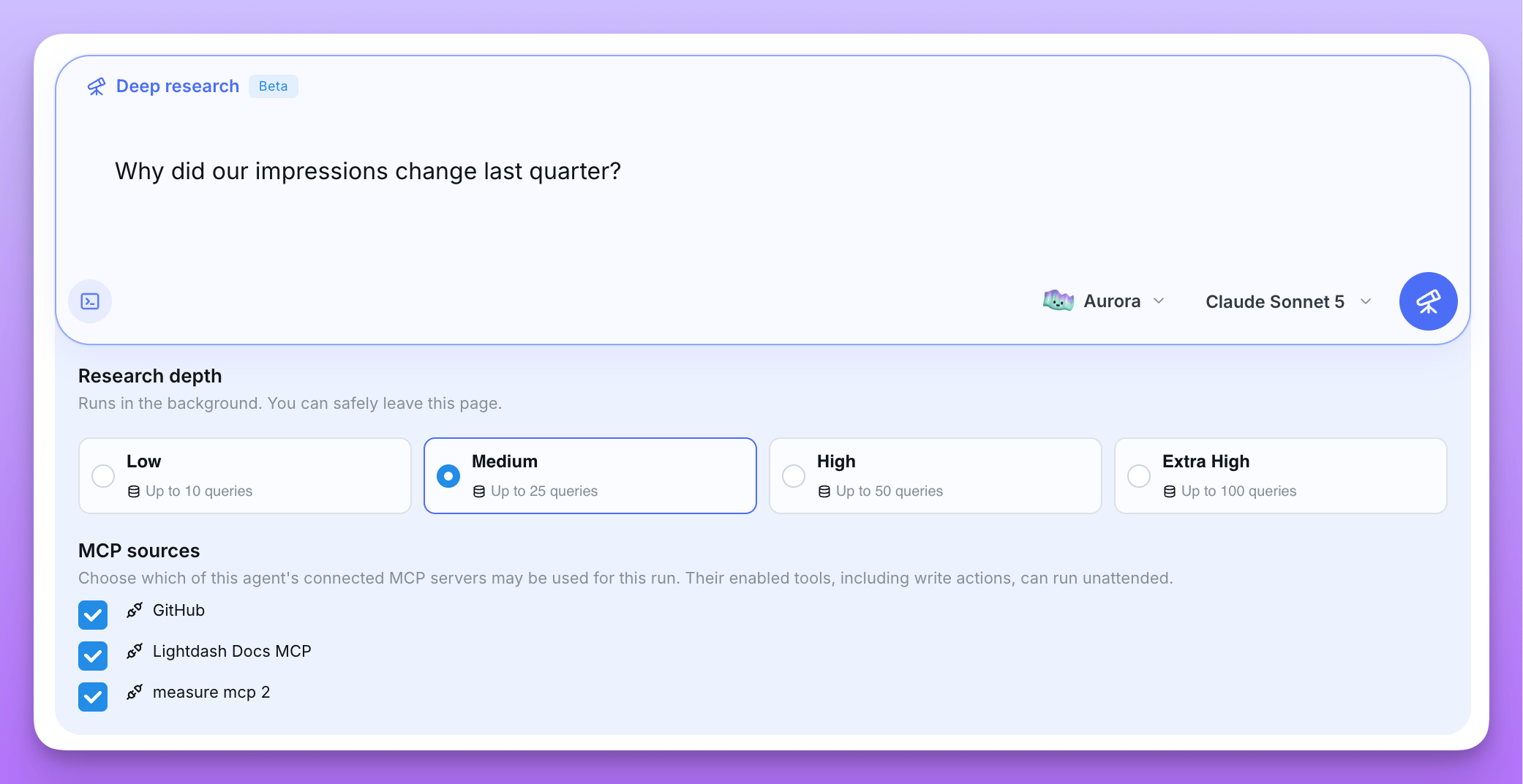 Deep Research prompt interface showing the question, research depth options, and selected MCP sources