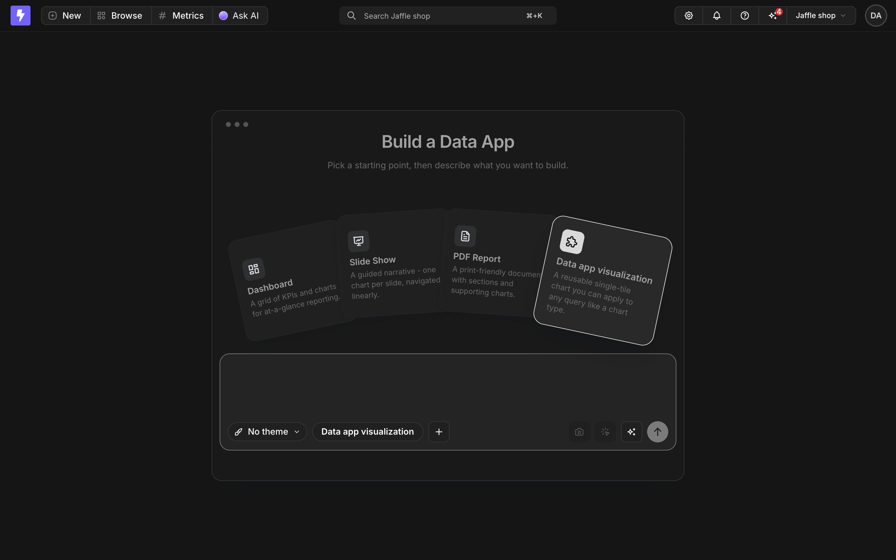 The Data app visualization template card in the app generator