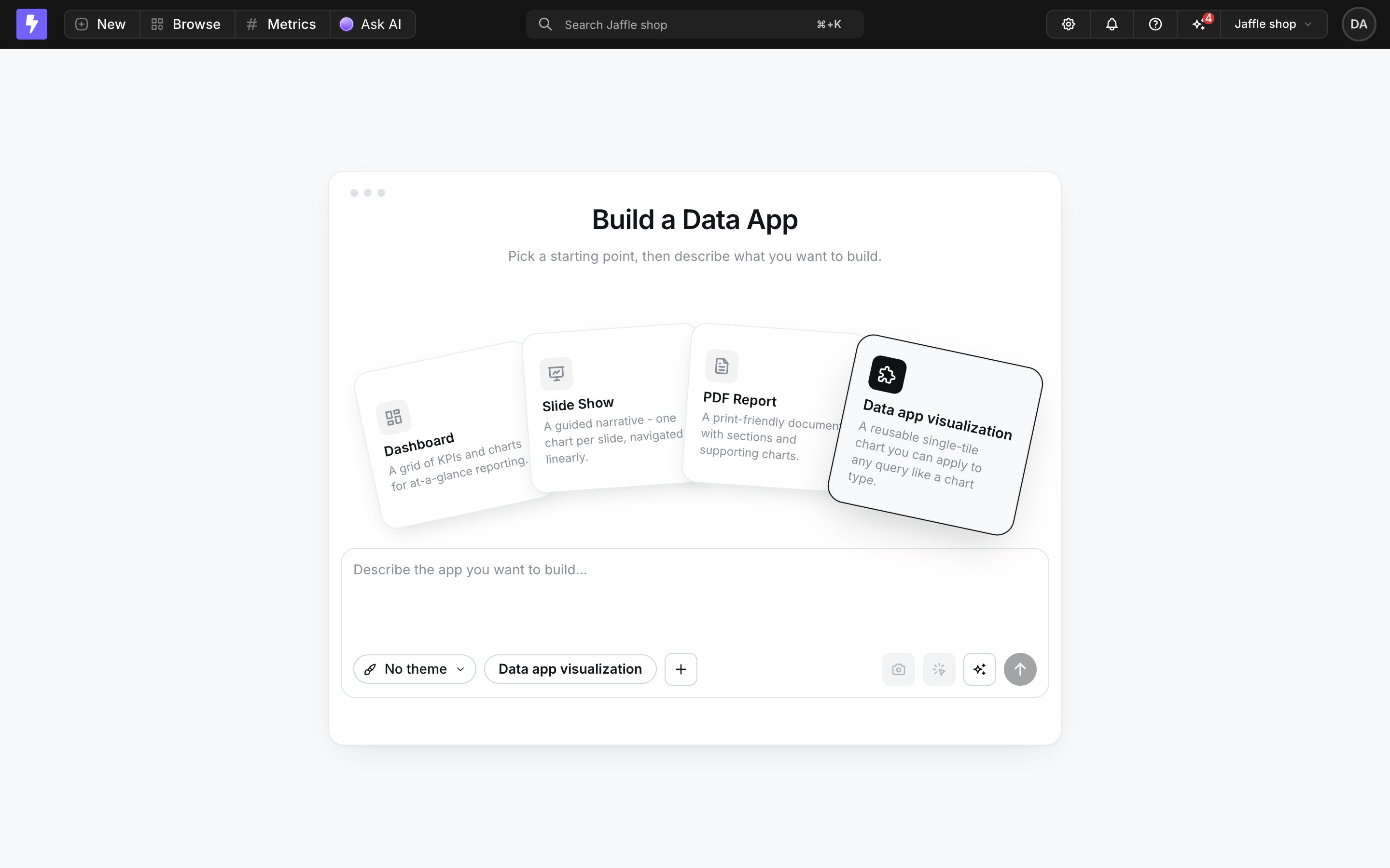 The Data app visualization template card in the app generator
