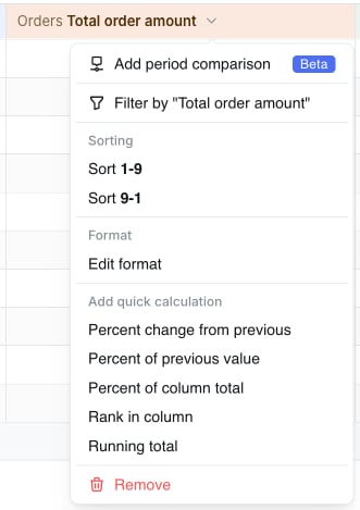 Quick calculation menu on a metric column