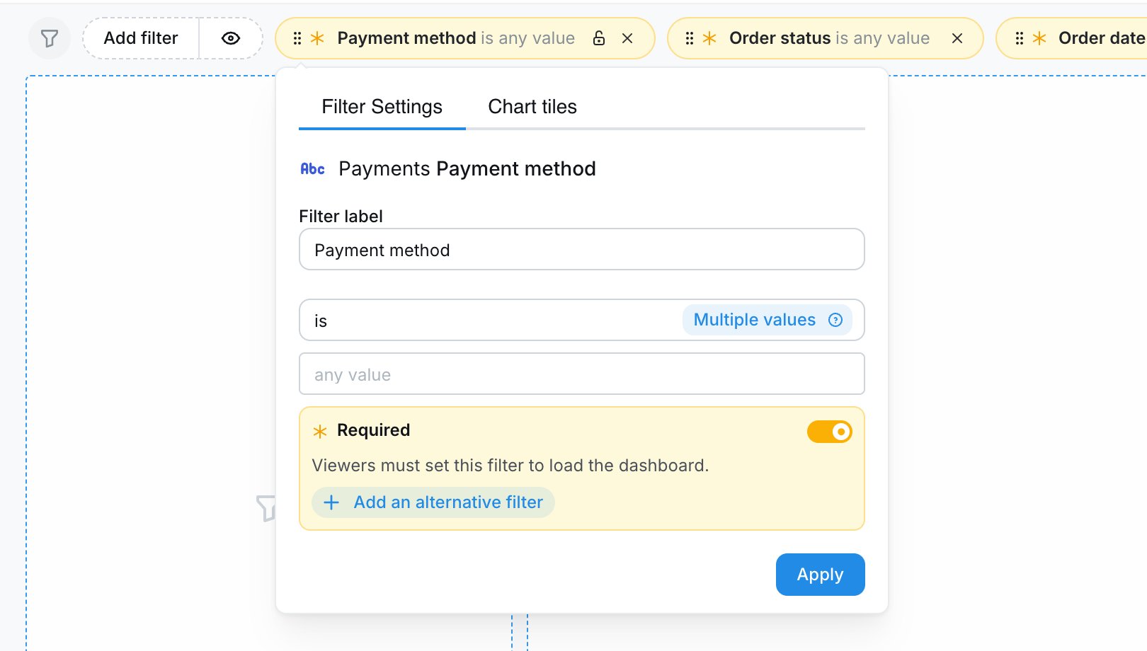 A dashboard filter popover in edit mode with the Required toggle switched on for the Payment method filter