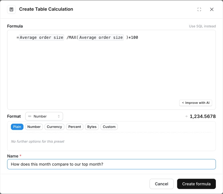 Creating a formula table calculation