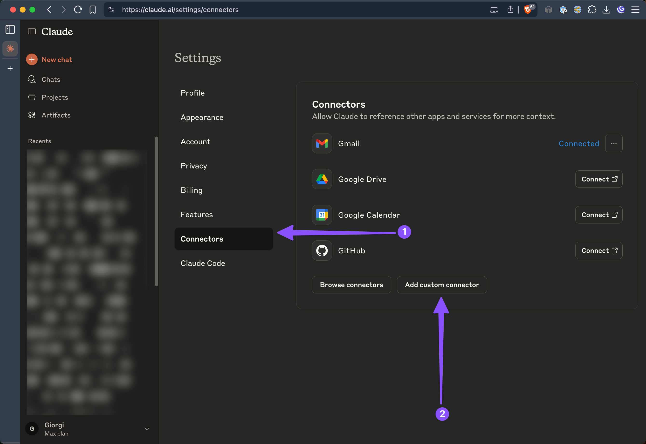 Select Connectors from the sidebar menu, then click Add custom connector button