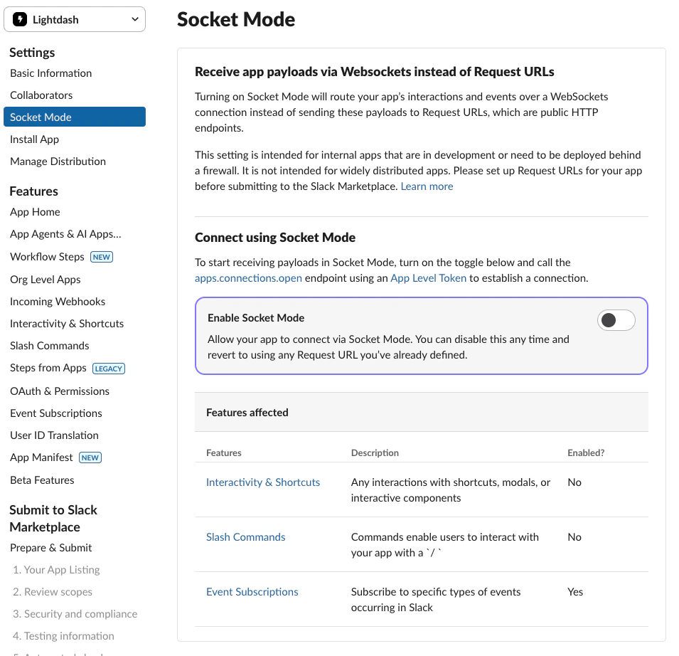 Enable Socket Mode in Slack App settings