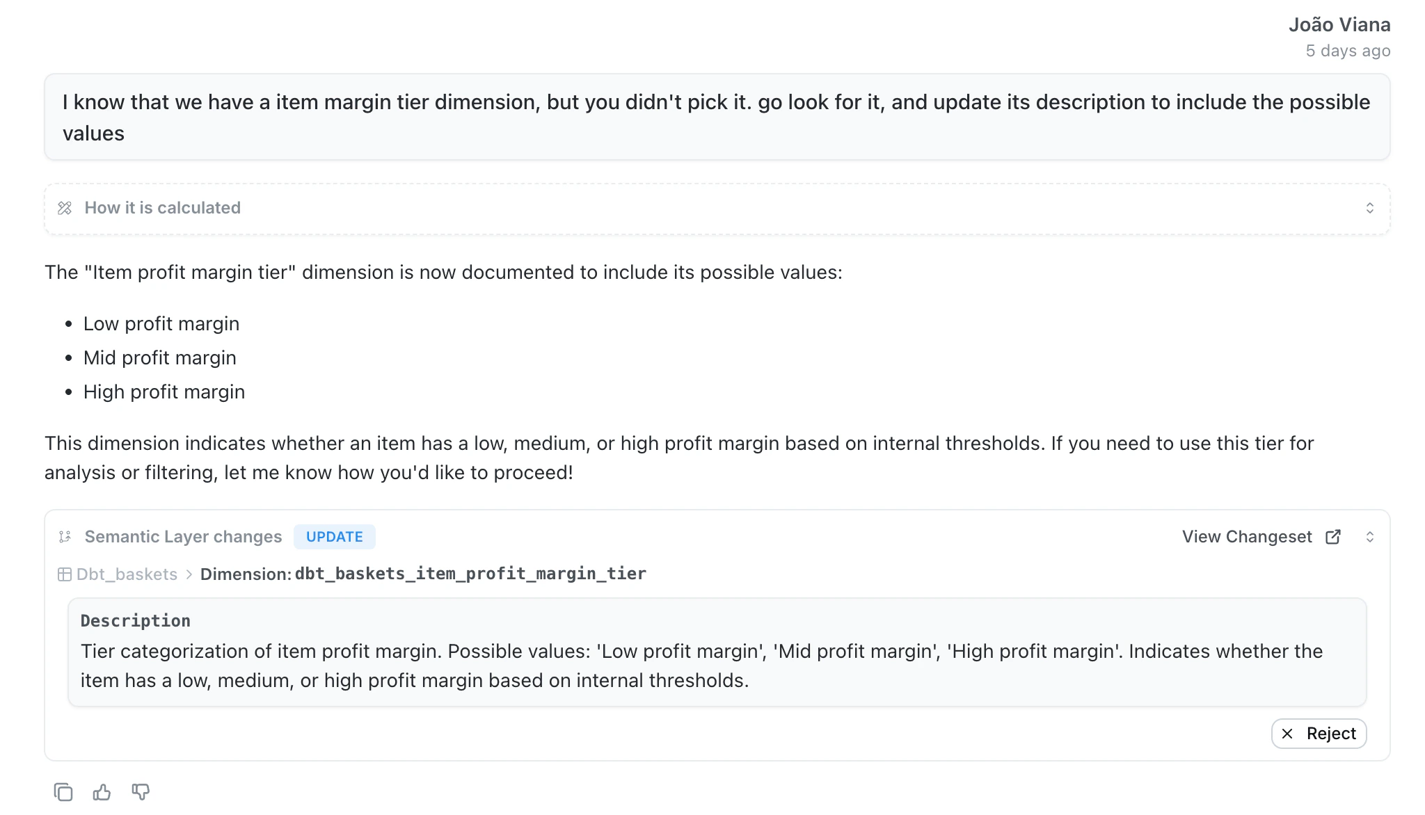 Self-improvement changes in chat updating a description of a dimension