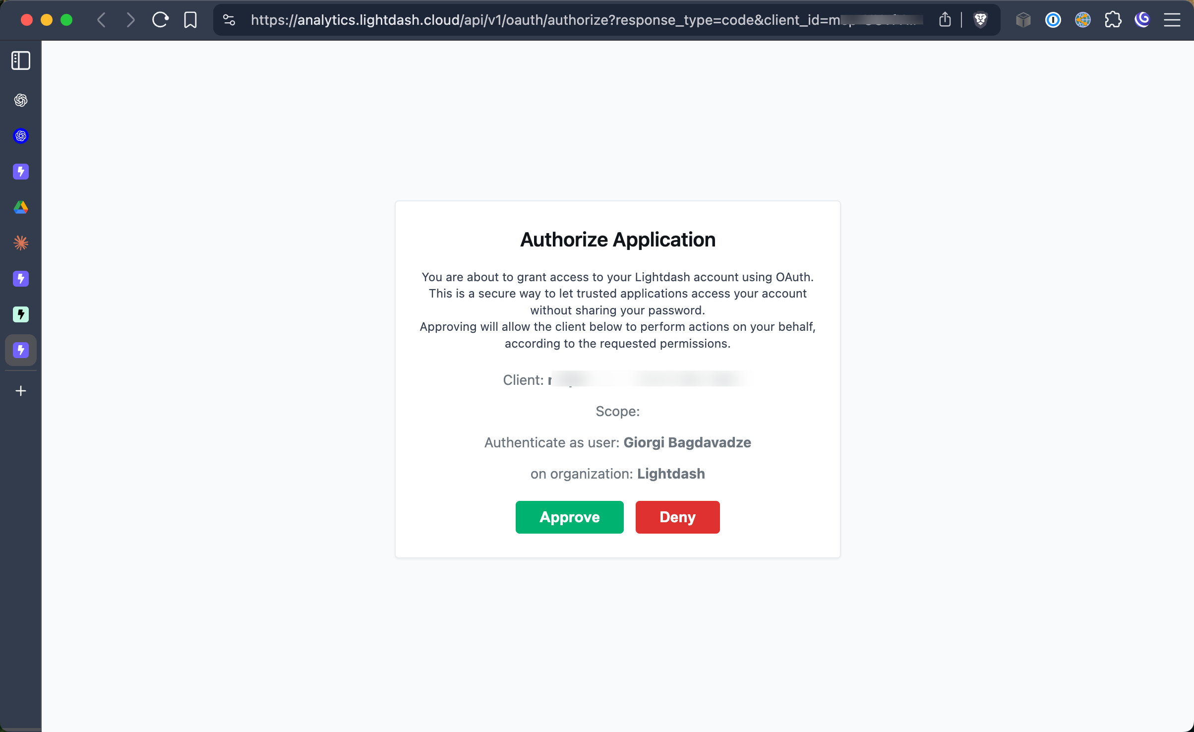 Complete the OAuth flow via Lightdash