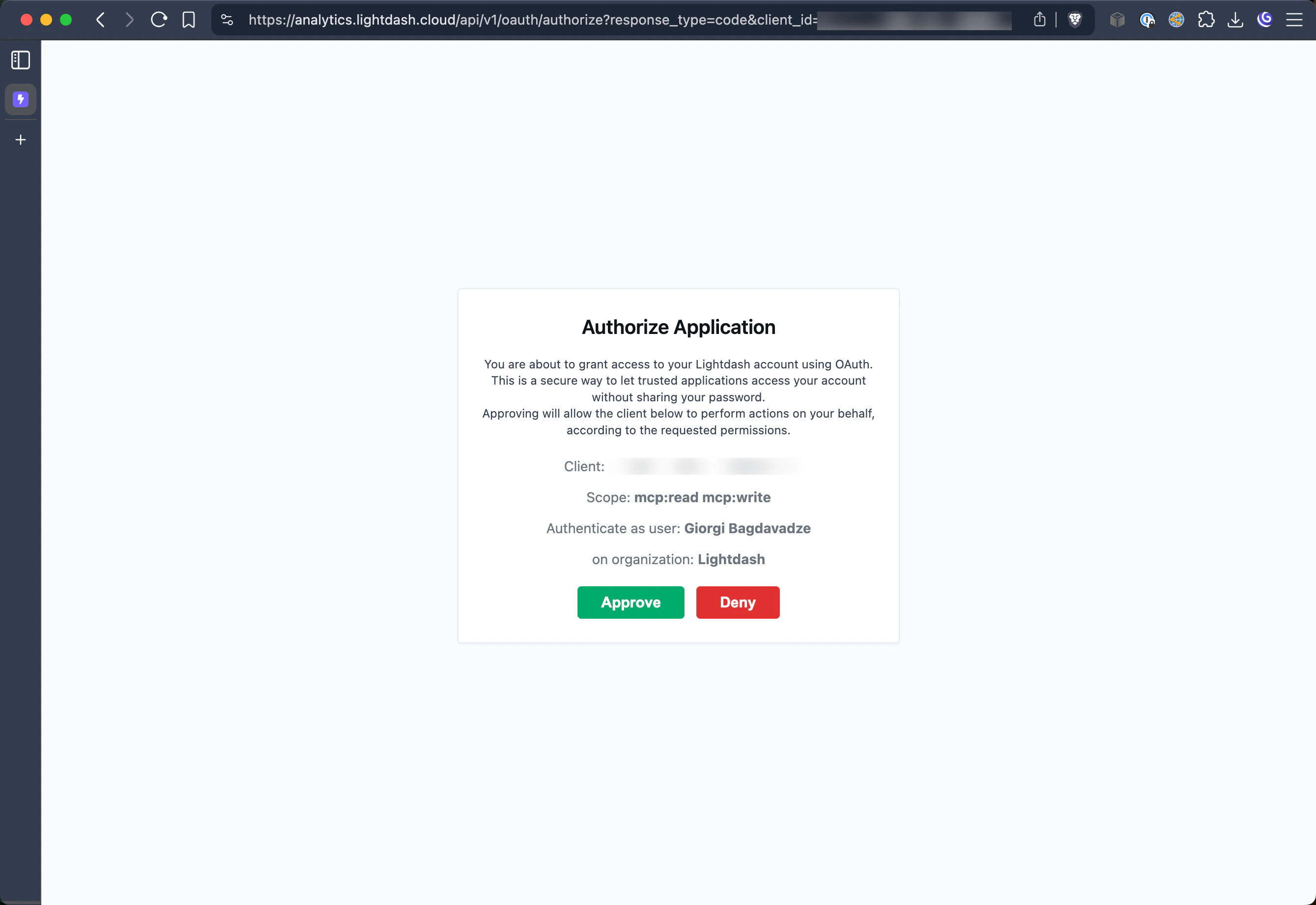 Login to Lightdash with your credentials and approve the OAuth connection request