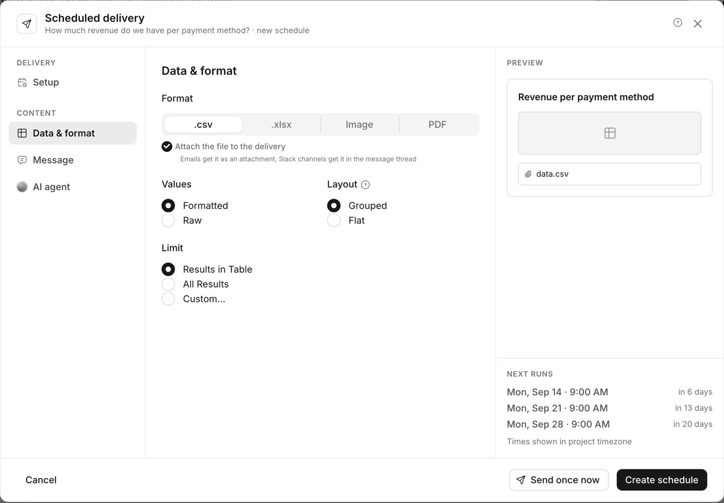 The Data & format panel with CSV selected and the Attach the file to the delivery checkbox ticked, with a data.csv chip in the preview