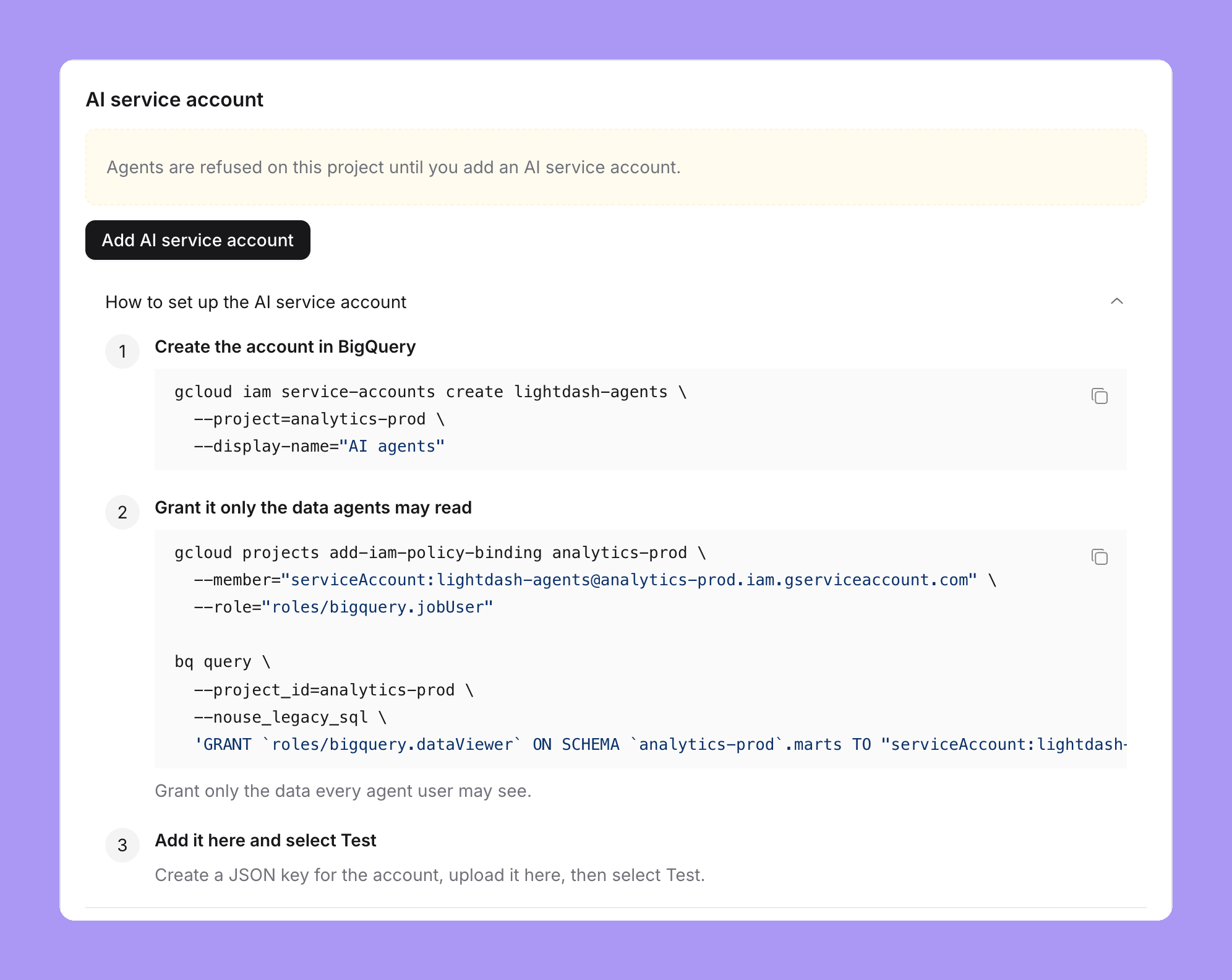 The shared agent account card on a BigQuery project with no account: the alert Agents are refused on this project until you add a shared agent account, an Add shared agent account button, and the setup steps with gcloud and bq commands in steps 1 and 2 and Add it here and select Test in step 3