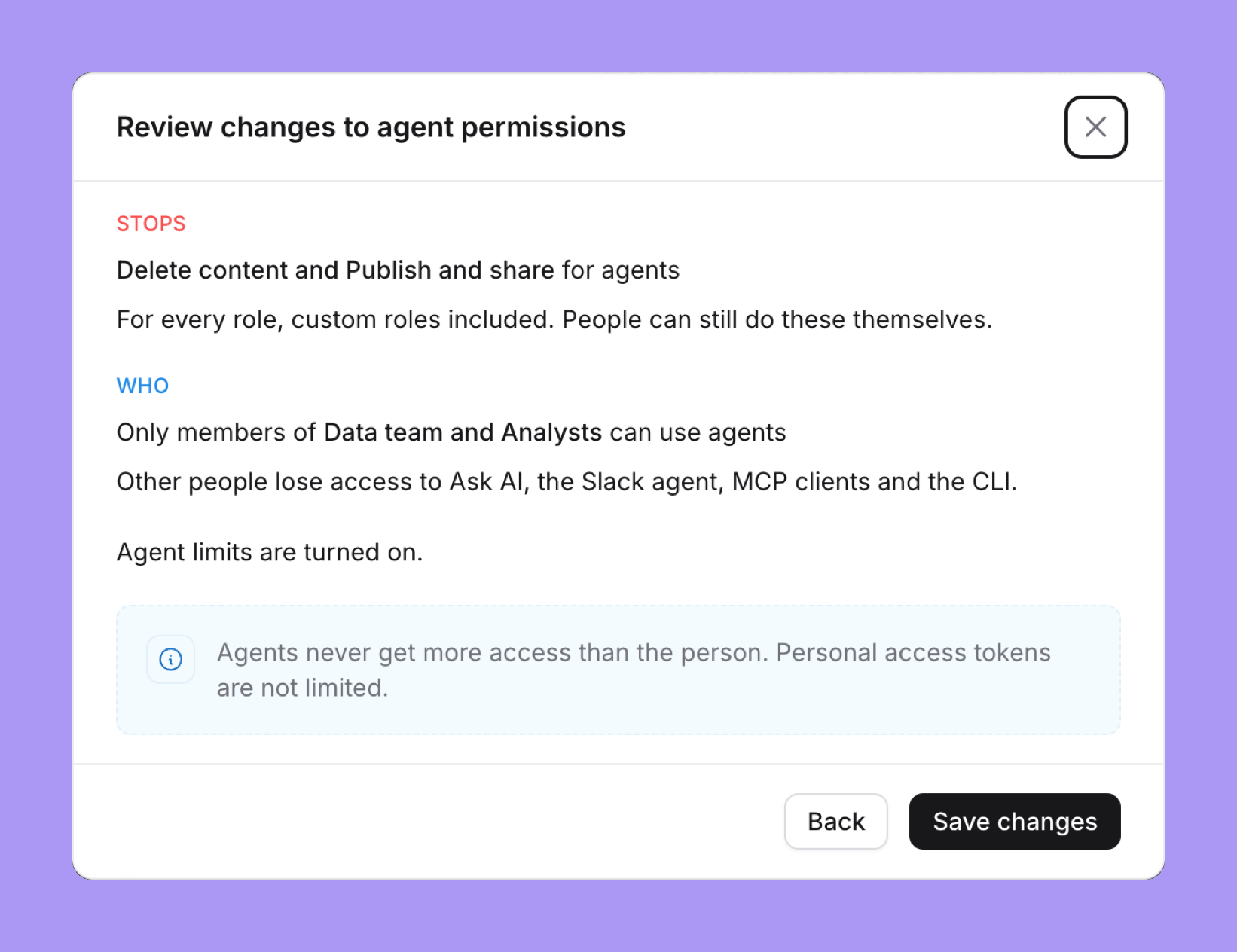 The Review changes to agent permissions dialog: STOPS Delete content and Publish and share for agents, for every role, custom roles included; WHO Only members of Data team and Analysts can use agents; Agent limits are turned on; the note Agents never get more access than the person. Personal access tokens are not limited; and Back and Save changes buttons