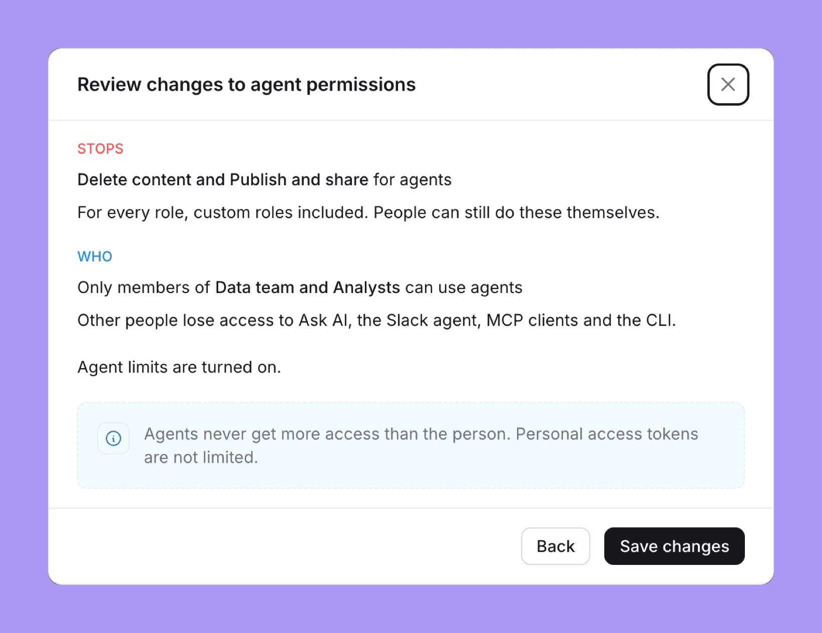 The Review changes to agent permissions dialog: STOPS Delete content and Publish and share for agents, for every role, custom roles included; WHO Only members of Data team and Analysts can use agents; Agent limits are turned on; the note Agents never get more access than the person. Personal access tokens are not limited; and Back and Save changes buttons