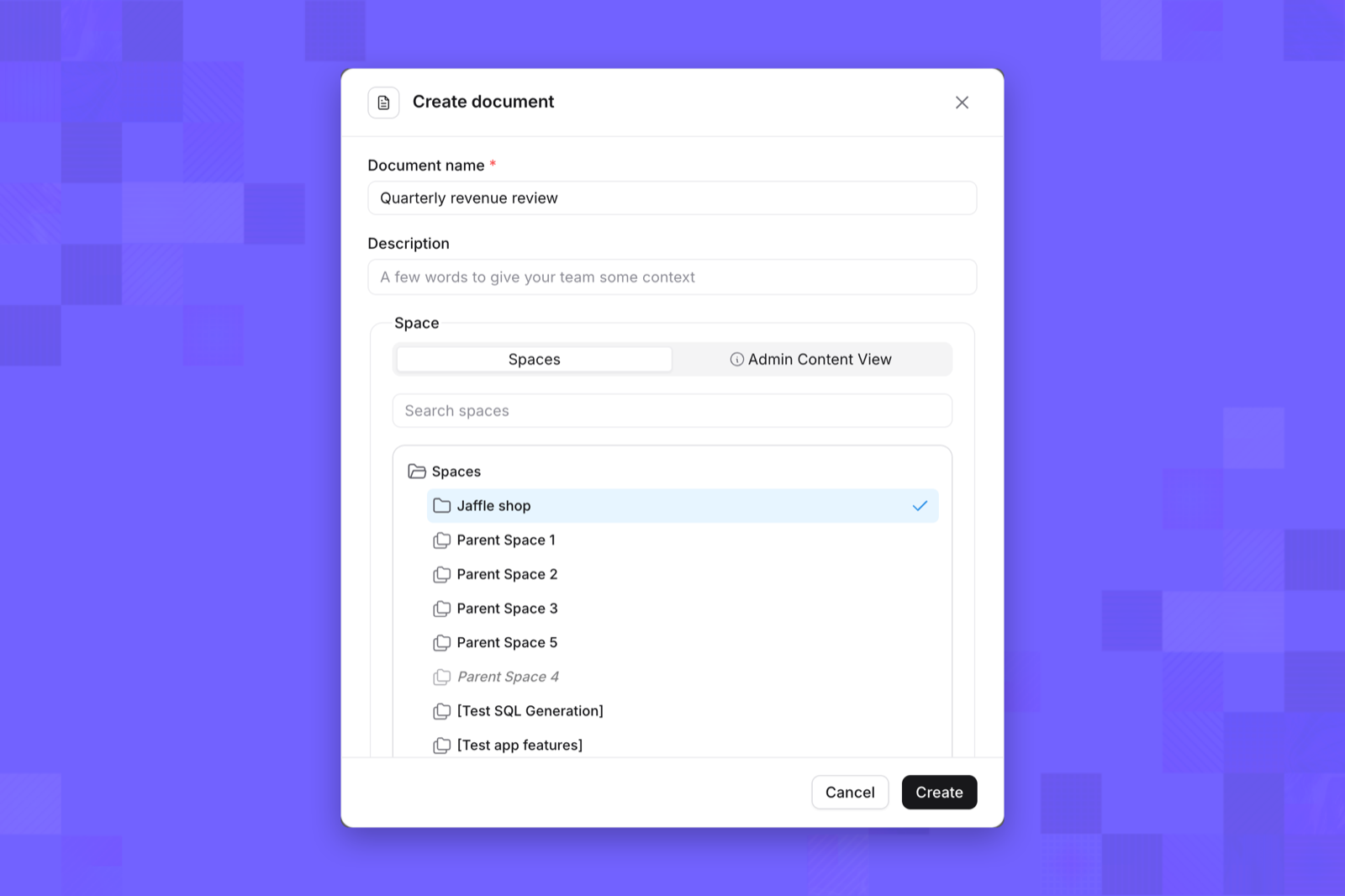 The Create document dialog with the name Quarterly revenue review and the Jaffle shop space selected