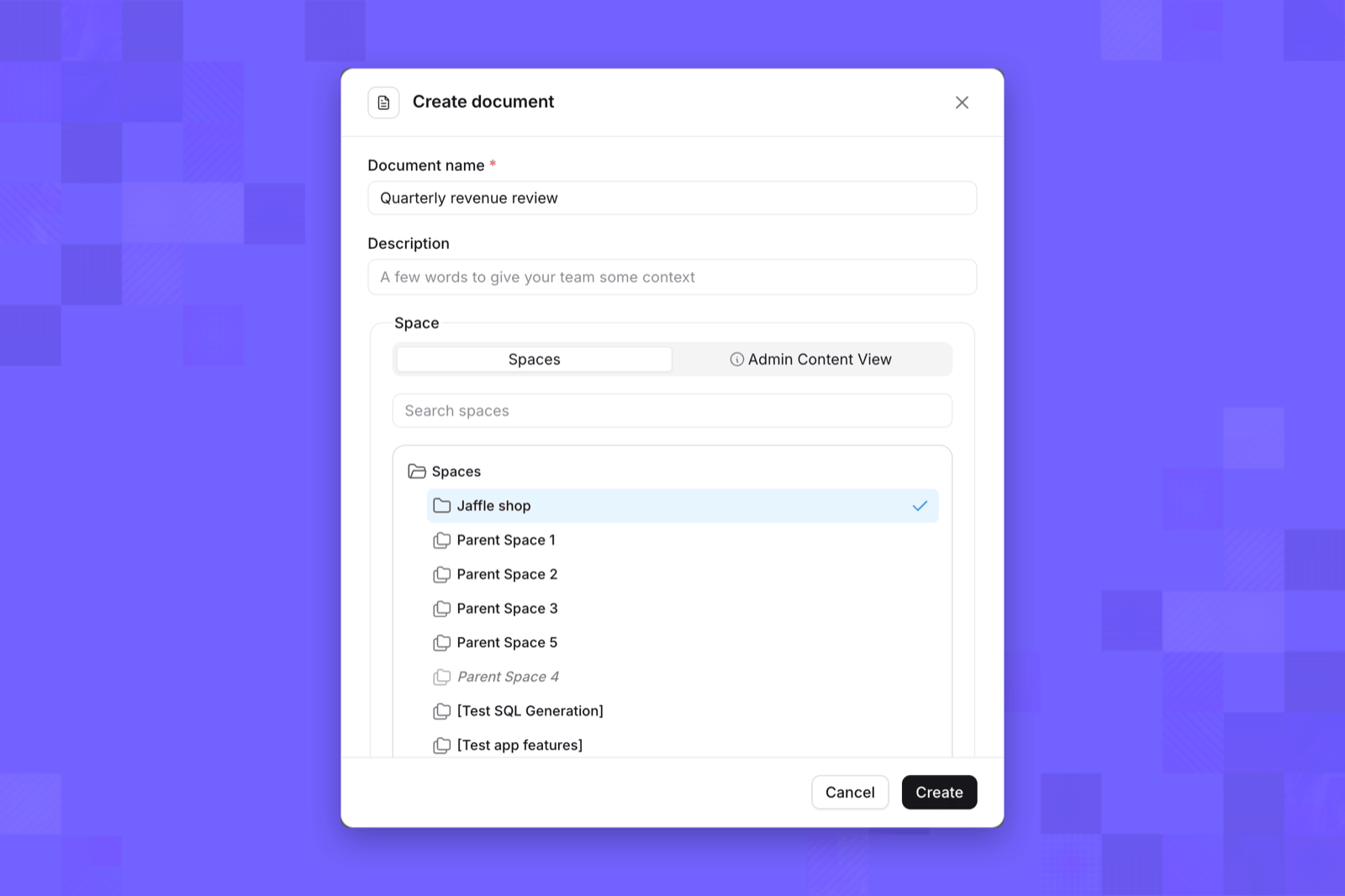 The Create document dialog with the name Quarterly revenue review and the Jaffle shop space selected