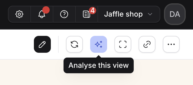 The data app header, with the sparkles button and its Analyse this view tooltip