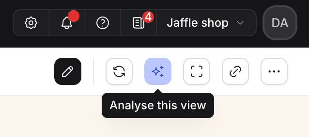 The data app header, with the sparkles button and its Analyse this view tooltip
