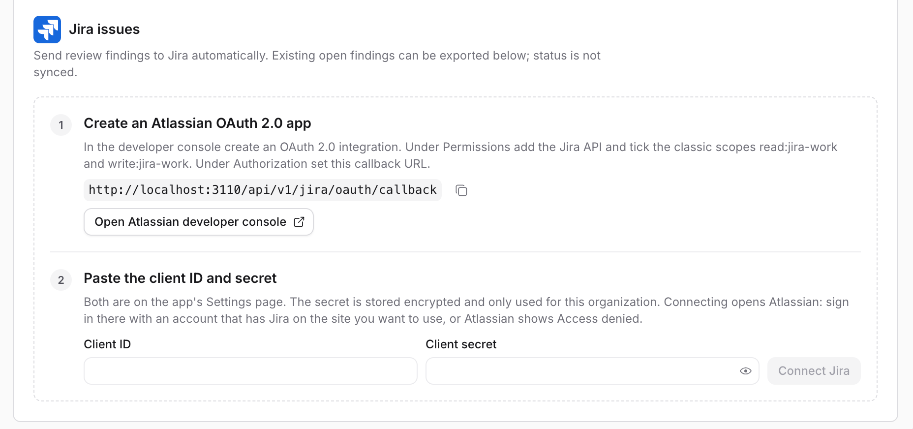 The Jira issues section before connecting, showing the two setup steps: create an Atlassian OAuth 2.0 app, then paste the client ID and secret