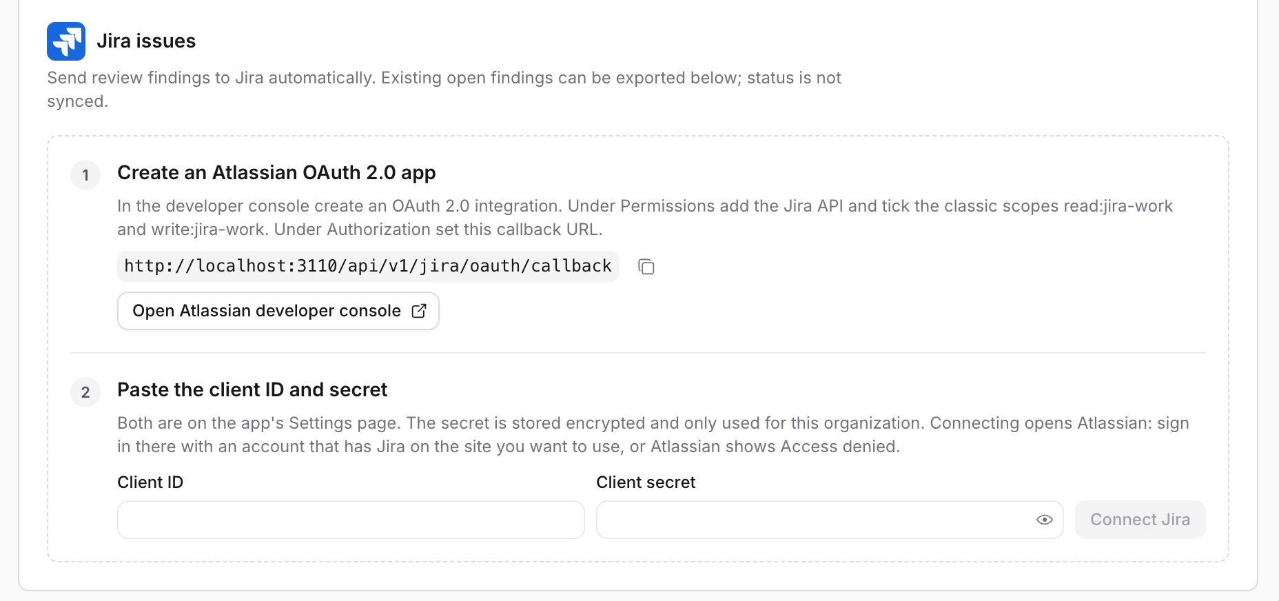 The Jira issues section before connecting, showing the two setup steps: create an Atlassian OAuth 2.0 app, then paste the client ID and secret