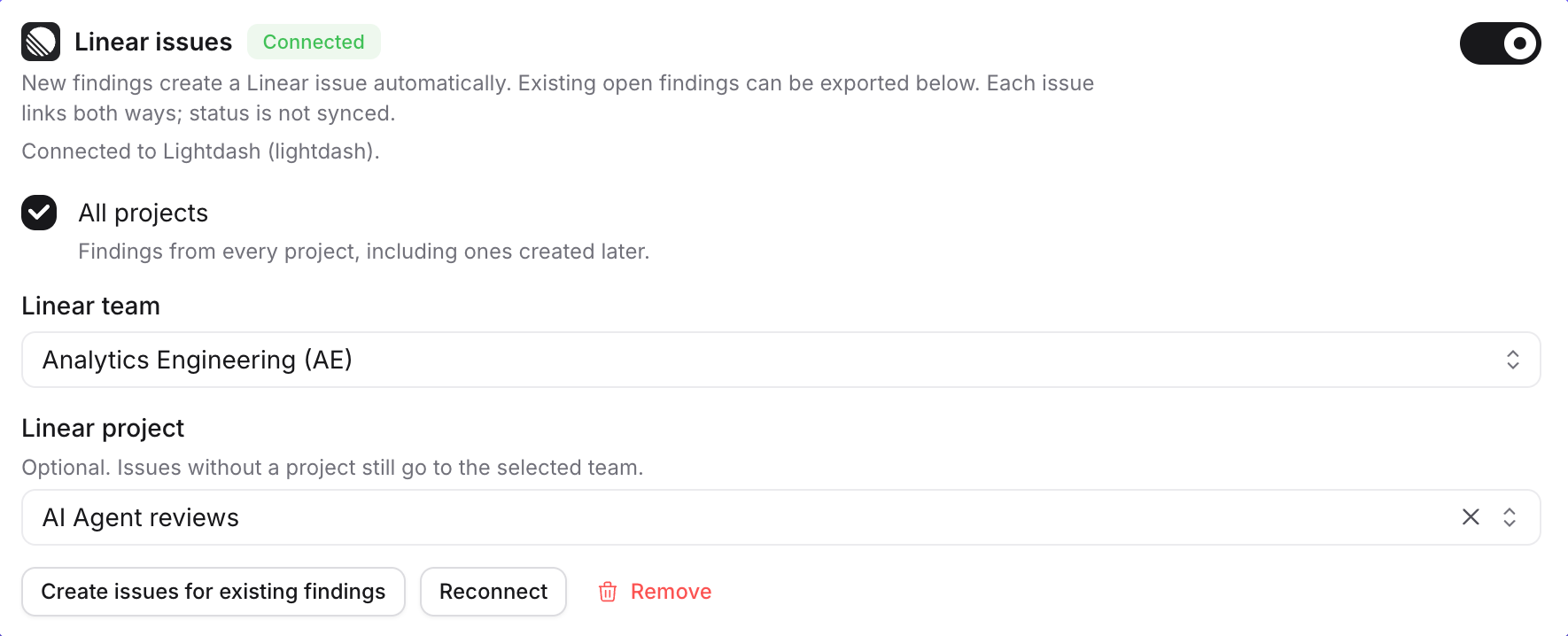 The Linear issues section connected to a workspace, routing findings from all projects to the Analytics Engineering team and the AI Agent reviews project