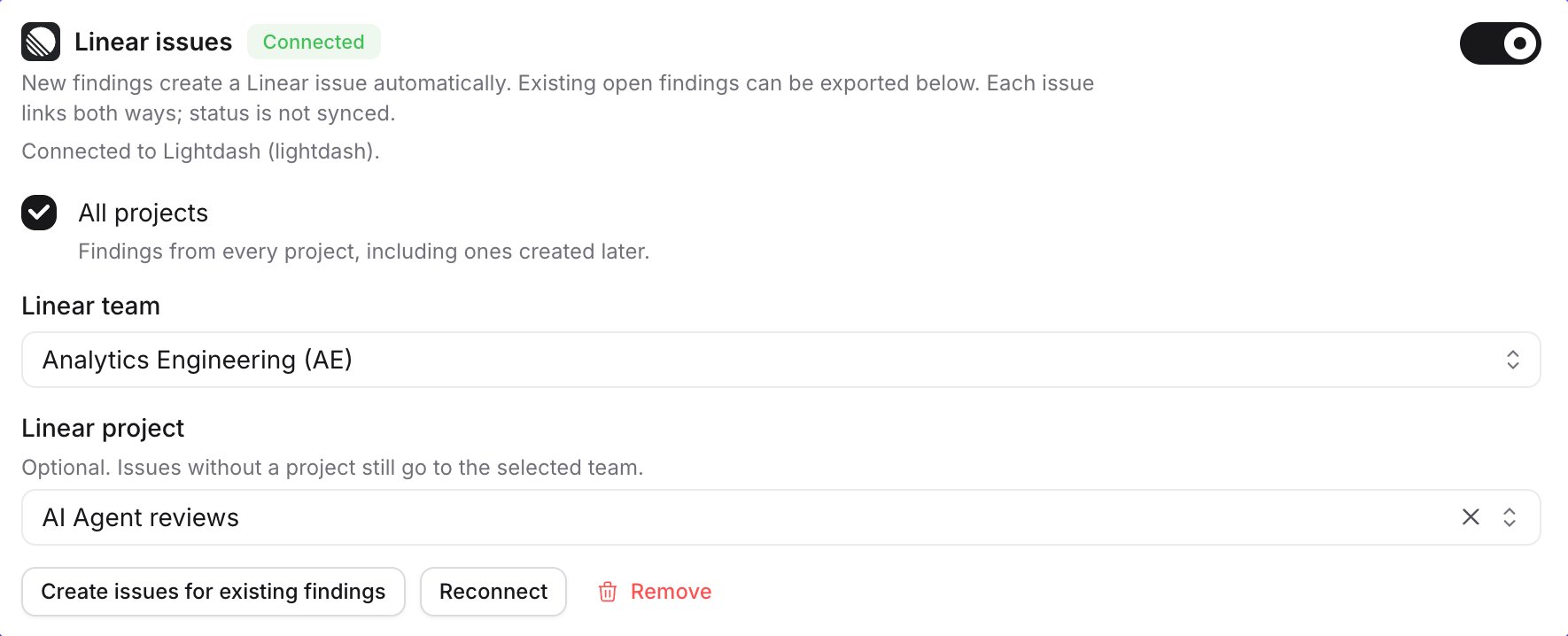The Linear issues section connected to a workspace, routing findings from all projects to the Analytics Engineering team and the AI Agent reviews project