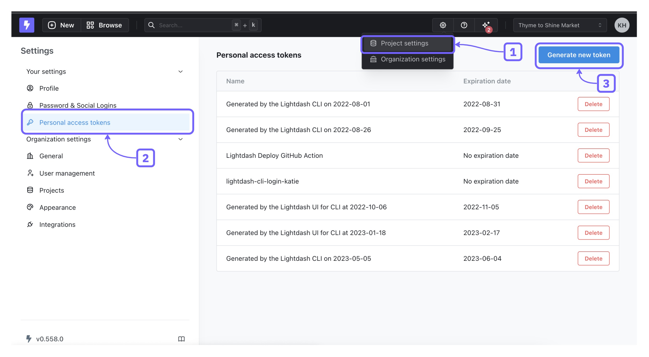 The personal access tokens settings page with an empty token list and a generate token button