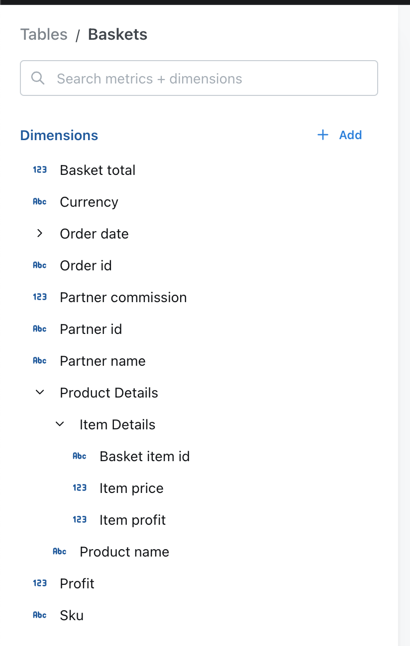 Dimensions sidebar with a Product Details group expanded to a nested Item Details group of basket item fields
