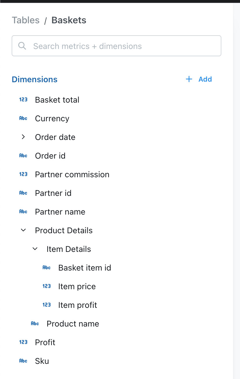 Dimensions sidebar with a Product Details group expanded to a nested Item Details group of basket item fields