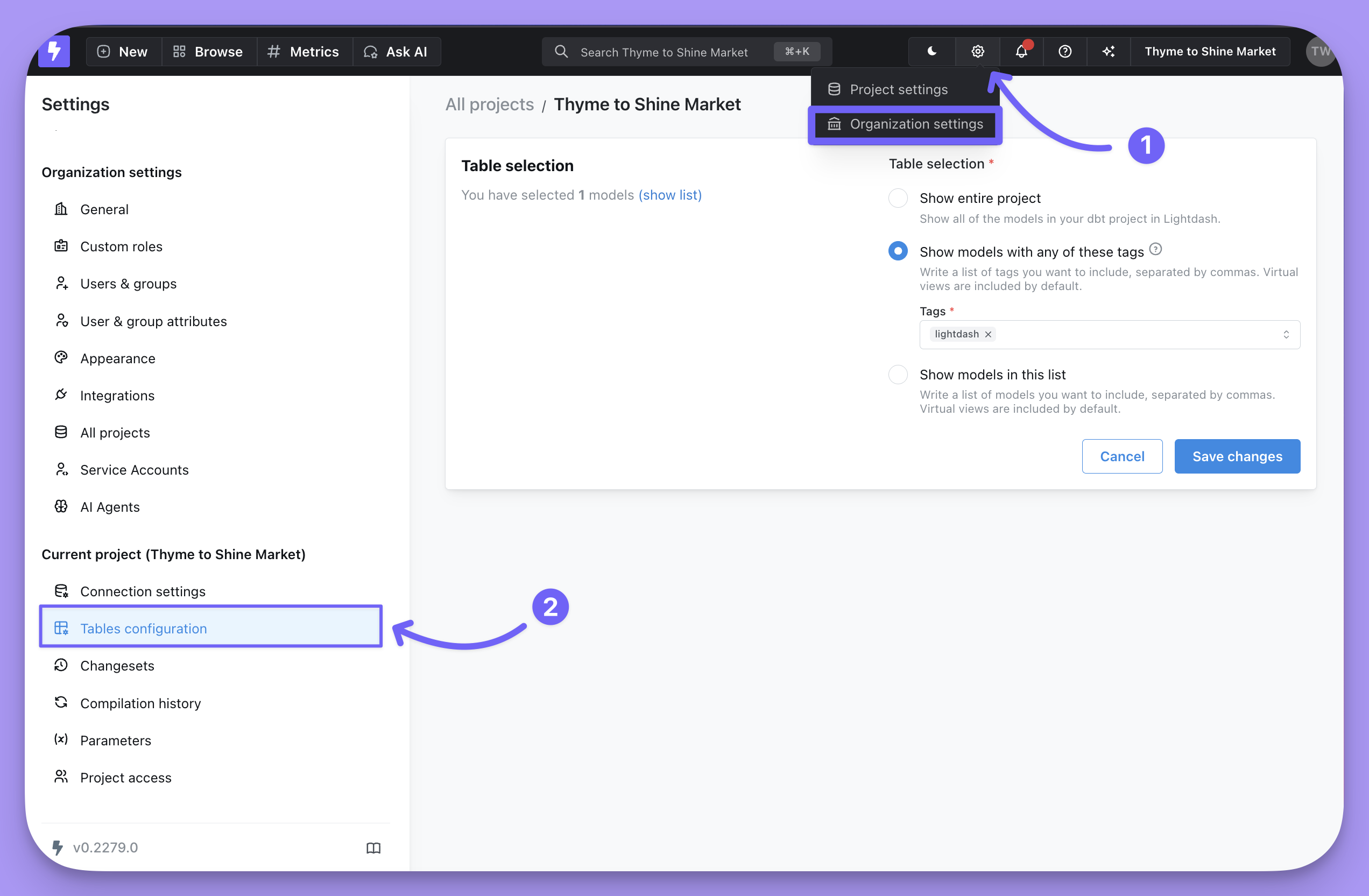 Tables configuration in Lightdash project settings