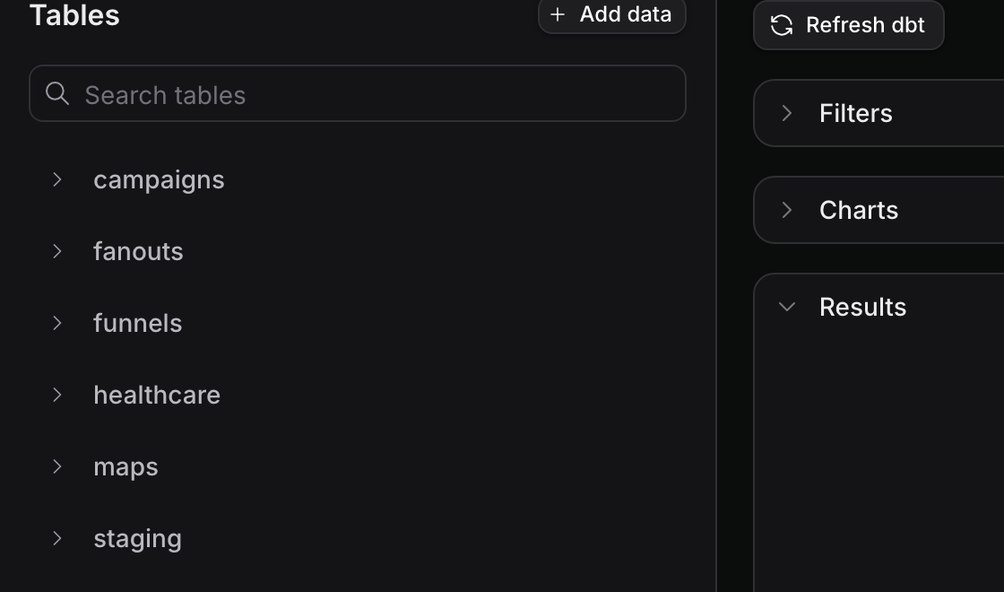 The Tables sidebar with the Add data button next to its heading