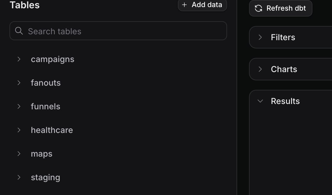 The Tables sidebar with the Add data button next to its heading