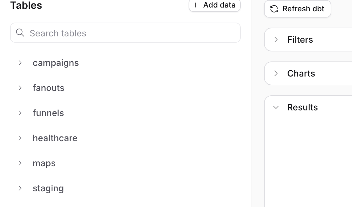 The Tables sidebar with the Add data button next to its heading