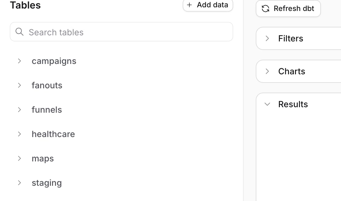 The Tables sidebar with the Add data button next to its heading